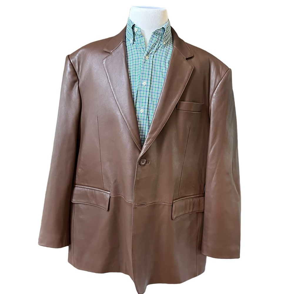 BGSD Mens Dark‎ Brown 100% Lamb Leather two Button Leather Blazer Size 3XLT
